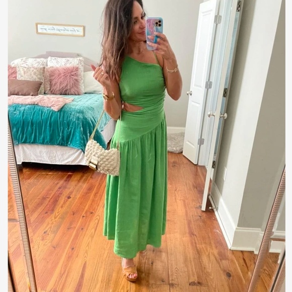 Asymmetrical Green Dress Cut Out Ruched Maxi Lace Up Back - Picture 10 of 15